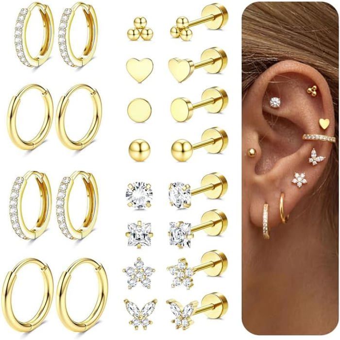 12Paires Boucles DOreilles Femmes Acier Chirurgical Creoles Or Piercing Oreille Lot Boucle DOreille Huggie Créoles Argent [PP110]