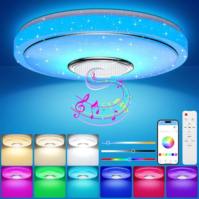 Plafonnier LED rond 48 W dimmable RGB Ø 30 cm Bluetooth avec enceinte intégrée télécommande couleur 3000-6500K chambre et salon