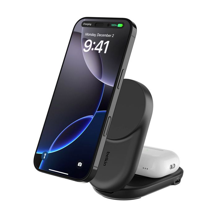 Socle de Charge 2-en-1 pour iPhone / AirPods Compatible MagSafe Qi2 25W Pliable Belkin Noir