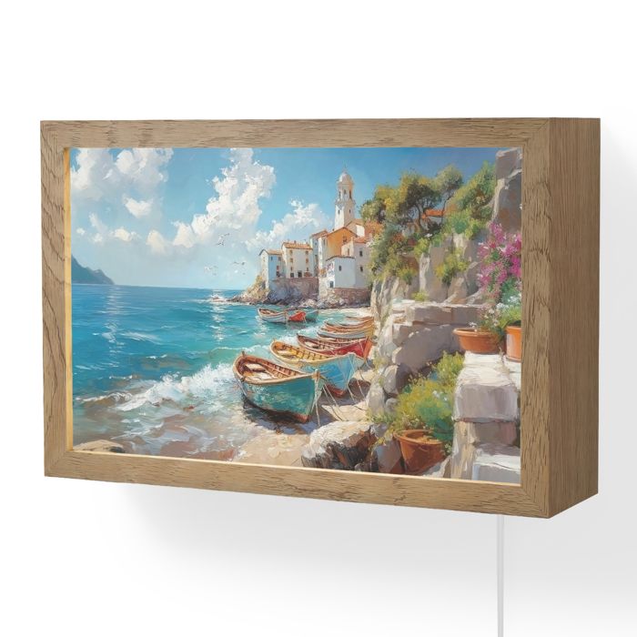 Applique Murale LED - Lampe de Chevet Murale Design - Motif Bateaux - Rochers - Mer - Soleil 30x20 cm Couleur Bleu - OnlyWow
