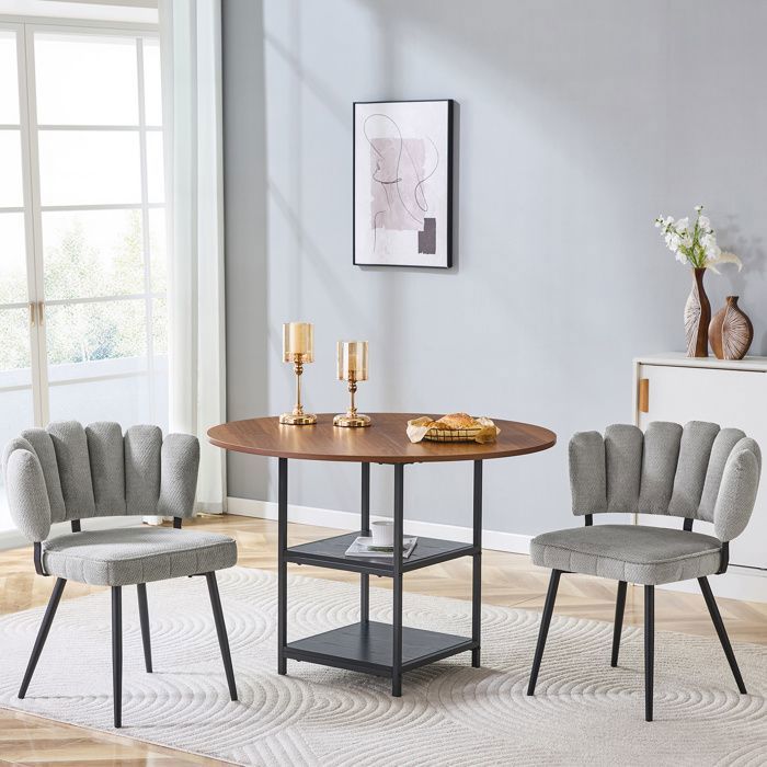 Ensemble Table Ronde 107cm Noyer + 2 Chaises Tissu Gris Petits Espaces