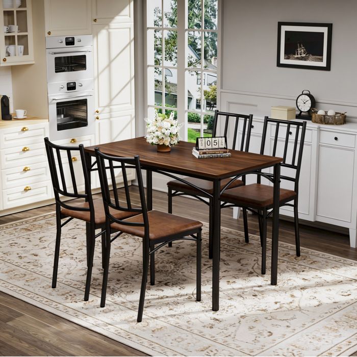 Ensemble table à manger 110x60 cm avec 4 chaises style industriel noyer structure acier et panneaux de particules TYNQER