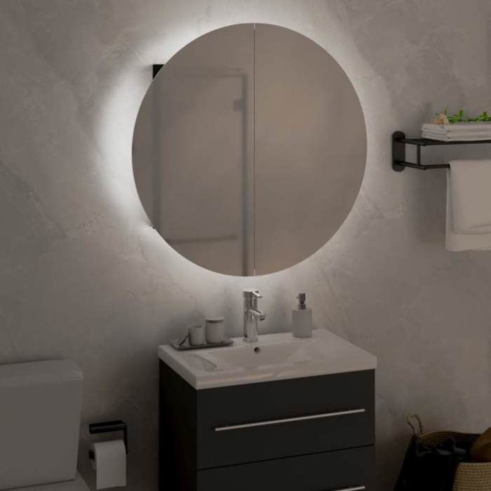 Armoire de salle de bain miroir rond et LED - vidaXL - Noir - 47x47x17 5cm - bois d’ingénierie - Capacité 10 kg - 2 portes 474079