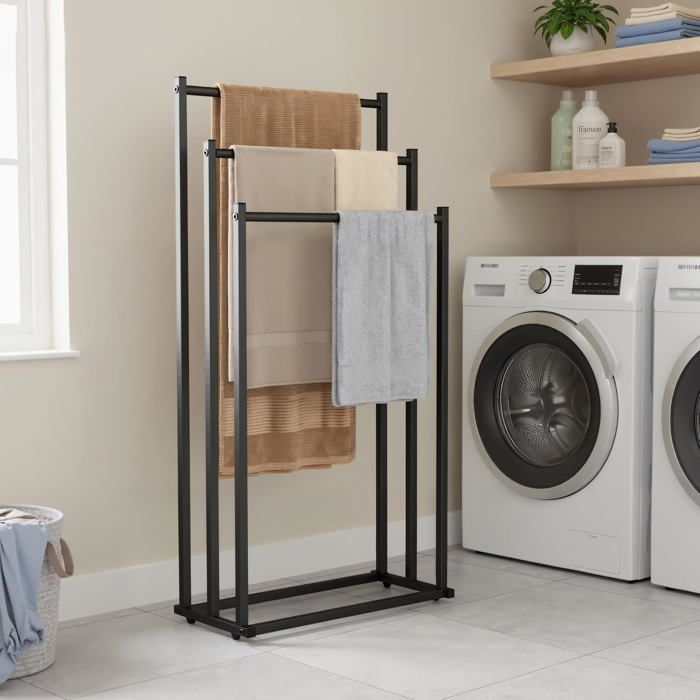 Porte Serviette Sur Pied Salle De Bain Support Serviettes Autoportant En Métal Porte-Serviettes Noir Sur Pied À Trois Niveau[BI15]