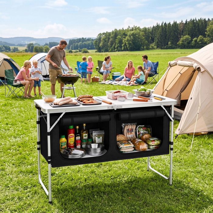 Sekey Table de Camping Pliable 120 cm Réglable 54–70 cm Cuisine de Camping avec Rangement et Plateau MDF Noir