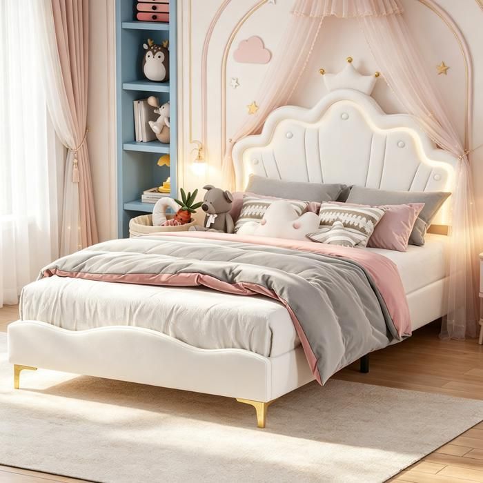 Lit enfant 140x190 cm Lit capitonné double avec LED tête de lit Couronne et réglable en Hauteur Sommier à lattes blanc PU