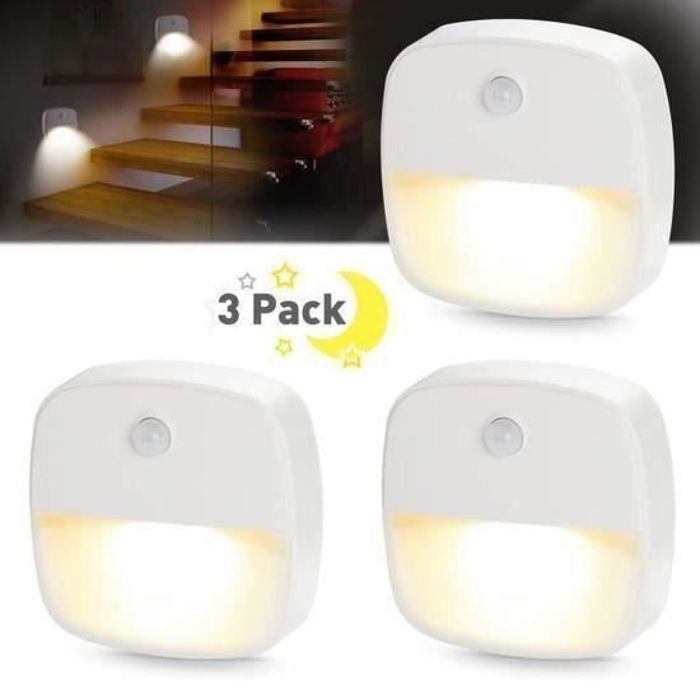 ZC KENLUMO Lot de 3 Veilleuse Led Lampe de Nuit Murale autocollante avec Détecteur de Mouvement et Capteur de Lumière Blanc Chaud