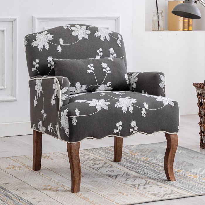 Wahson Fauteuil Retro en Baroque Canapé 1 Place avec Pieds en Bois avec accoudoirs et Dossier pour Chambre et Salon Lin Gris
