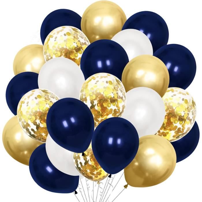 60 Ballons Latex 12 Pouces - Bleu, Blanc, Champagne Métallisé - Pour Décoration Anniversaire, Mariage, Fête - Inclus Ruban Blanc