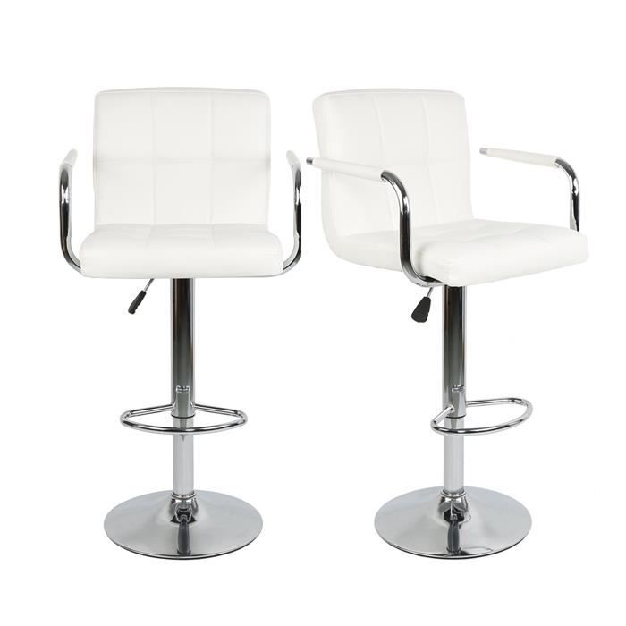 Lot de 2 Tabouret de Bar - Similicuir Blanc - Réglable Pivotant Bien Rémbourré