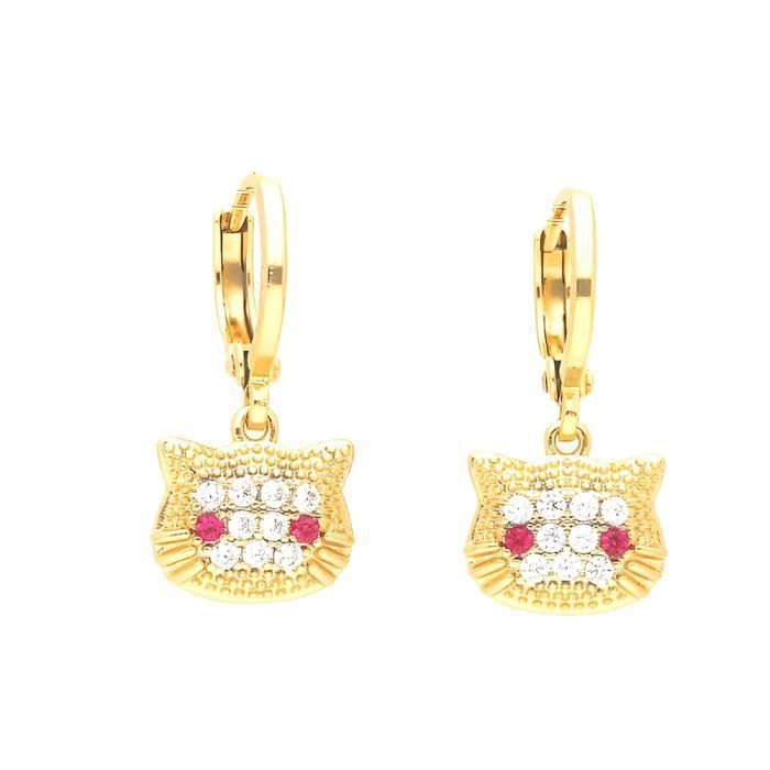 Boucles D'oreilles Chat En Zirconium Plaqué Or 18 Carats - Puces, Style Boucle, Neuf Avec étiquettes