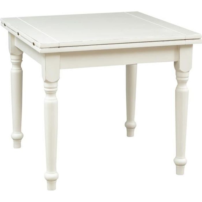 table à rallonge champêtre en tilleul massif, finition blanche antique l90xpr90xh80 cm