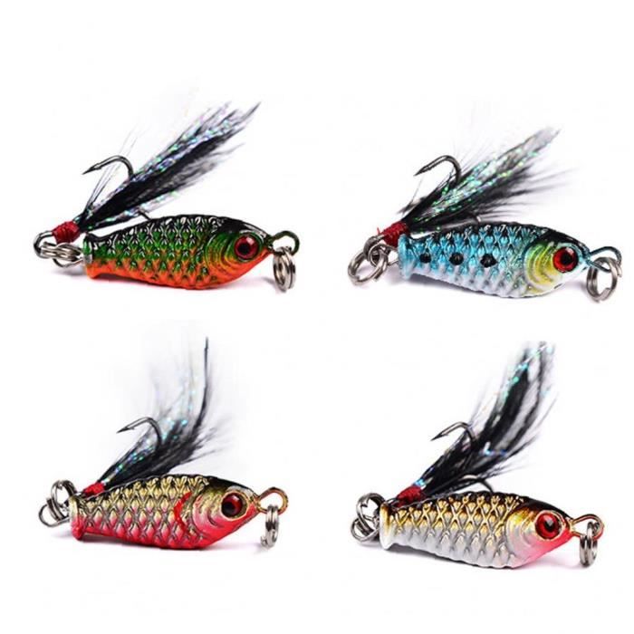 Pêche Jig Mini leurre yeux 3D Bait Métal avec plumes Crochet de pêche Accessoires 4PCS