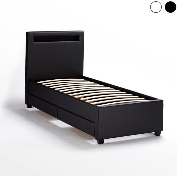 Lit Simple A 1 Place Avec Tete De Lit A Led Et Tiroirs 80x190 Geneva Twin Couleur Noir Cdiscount Maison