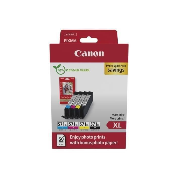 Cartouches dencre + pack papiers photo – CANON – CLI-571XL Noir/Cyan/Magenta/Jaune – Haut rendement