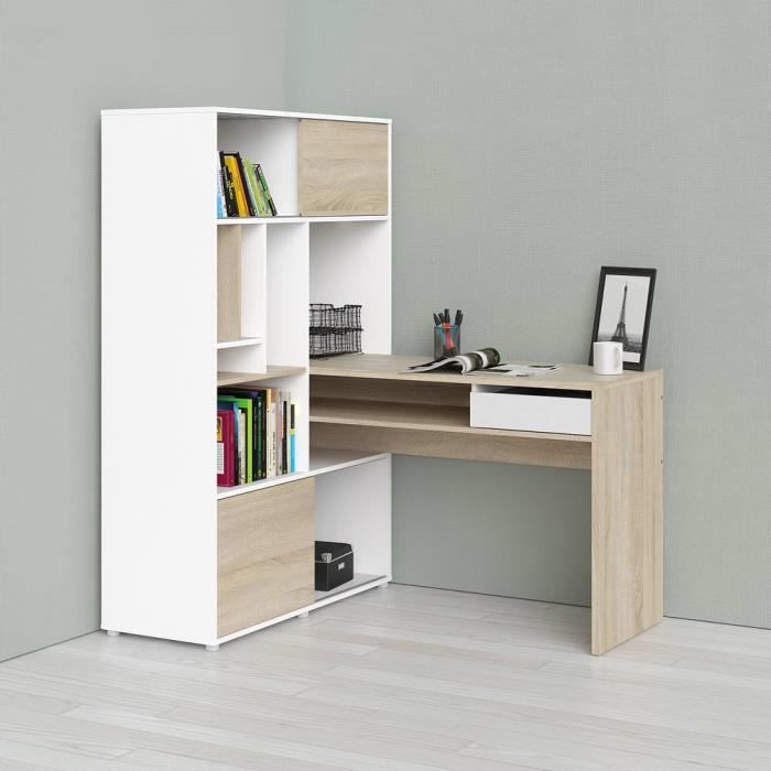Dmora Bureau d'angle avec bibliothèque, coloris blanc et chêne, 100 x 153 x  135 cm - Cdiscount Maison