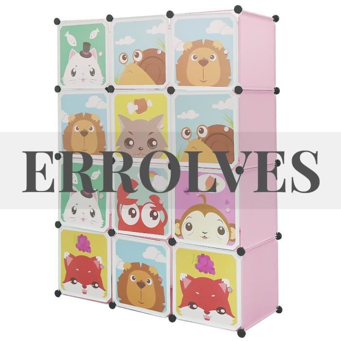 Armoire pour enfants en plastique - ERROLVES - 4 niveaux 12 portes - Rose