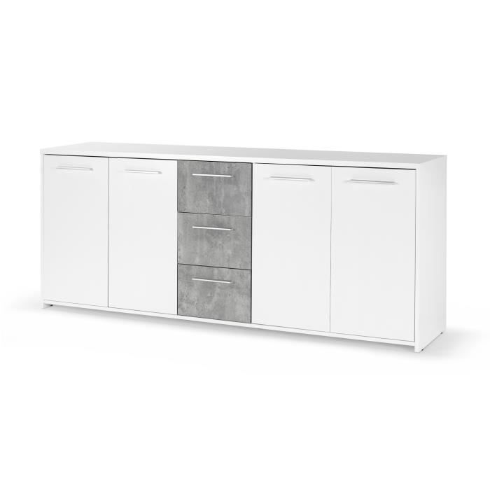 Buffet bas - Panneaux de particules - Blanc et décor gris béton - 4 portes + 3 tiroirs - L 179 x P 4