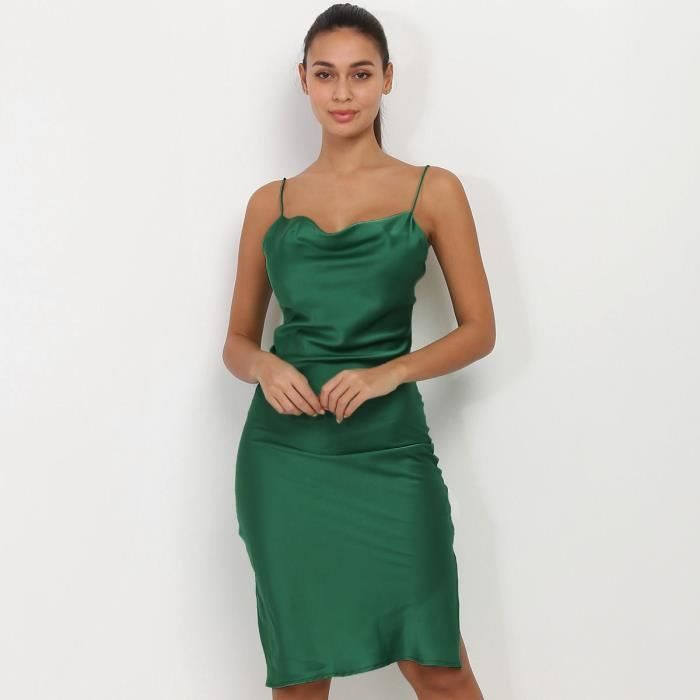 robe mi-longue vert foncé satinée à col bénitier