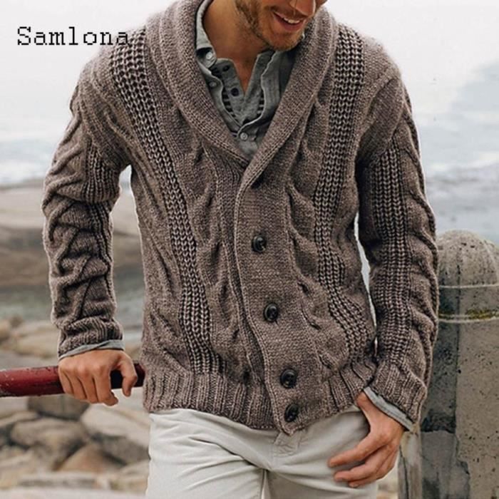 Cardigan homme tricot avec col rever chaud plis simple boutonnage