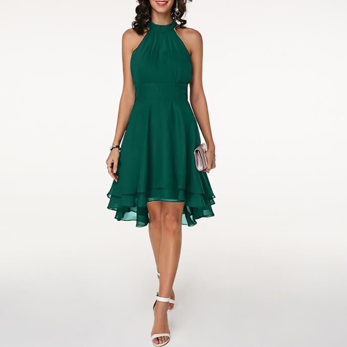 Robe Robe Elegante en Mousseline de Soie pour Femme Couleur Unie Taille Haute Col Licou Fibre Midi Courte Superposee green D9693