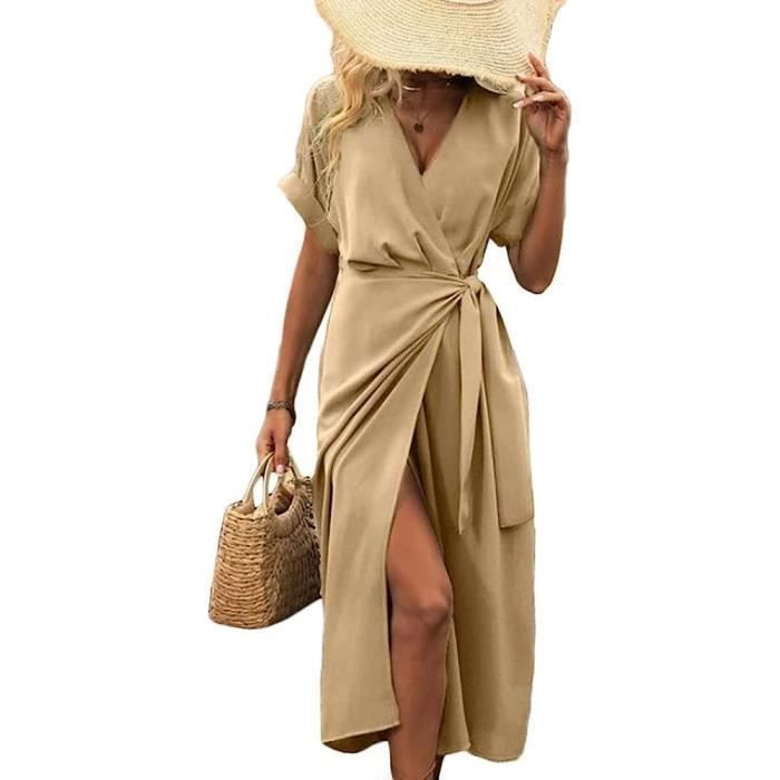 Robe Longue a Courtes de Soie Satin Robe avec Ceinture Robe d ete Col en V Robe de Soiree Robe Fendue de Plage avec Ceinture Caramel Caramel Cdiscount Pret a Porter