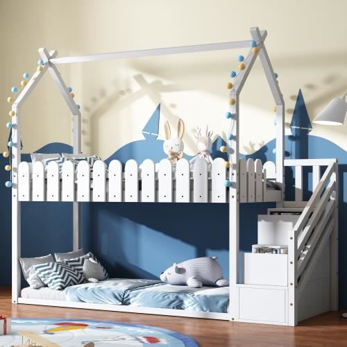 Lits superposés 2x90x200cm, Lit cabane 3 escaliers avec 2 tiroirs, Barrières de sécurité et sommier à lattes inlcus, Blanc