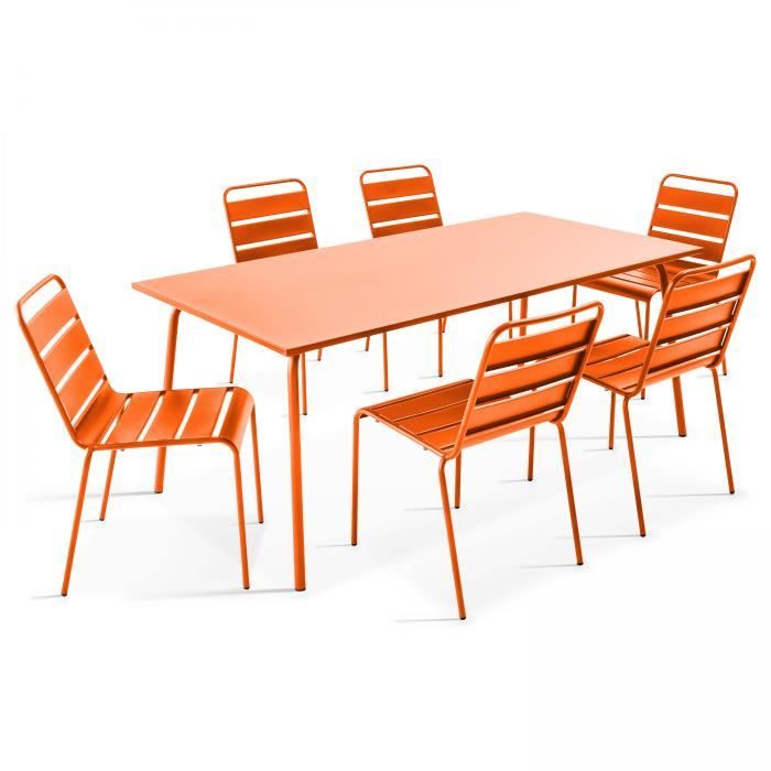 Table de jardin et 6 chaises - 180 x 90 x 72 cm - Acier - Palavas - Orange