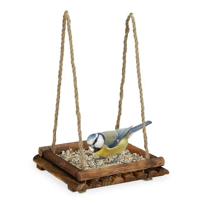 Relaxdays Mangeoire d'extérieur pour oiseaux, à suspendre, nichoir en bois,  H x L x P : 35 x 42,5 x 40,5 cm, grise