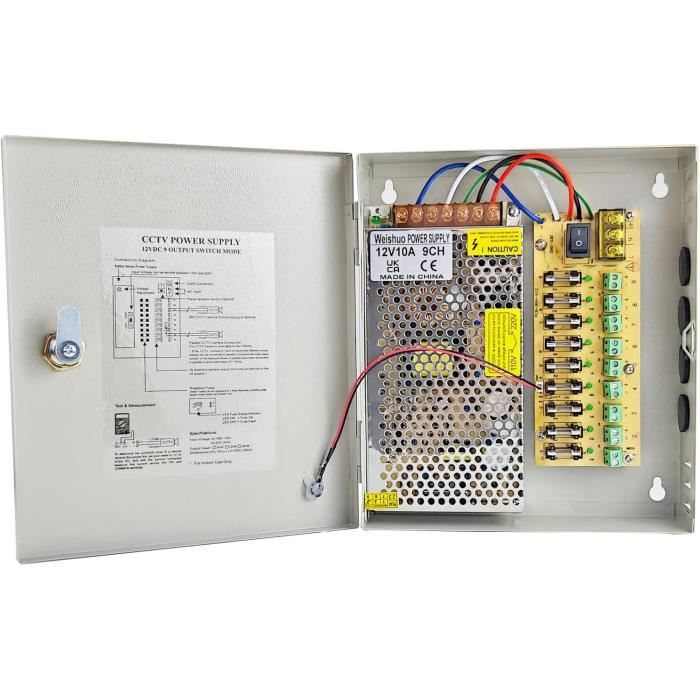 Alimentation CCTV 9 Canaux 12V 10A 120W – Boîtier Sécurisé Fusibles LED Pour Caméras Surveillance