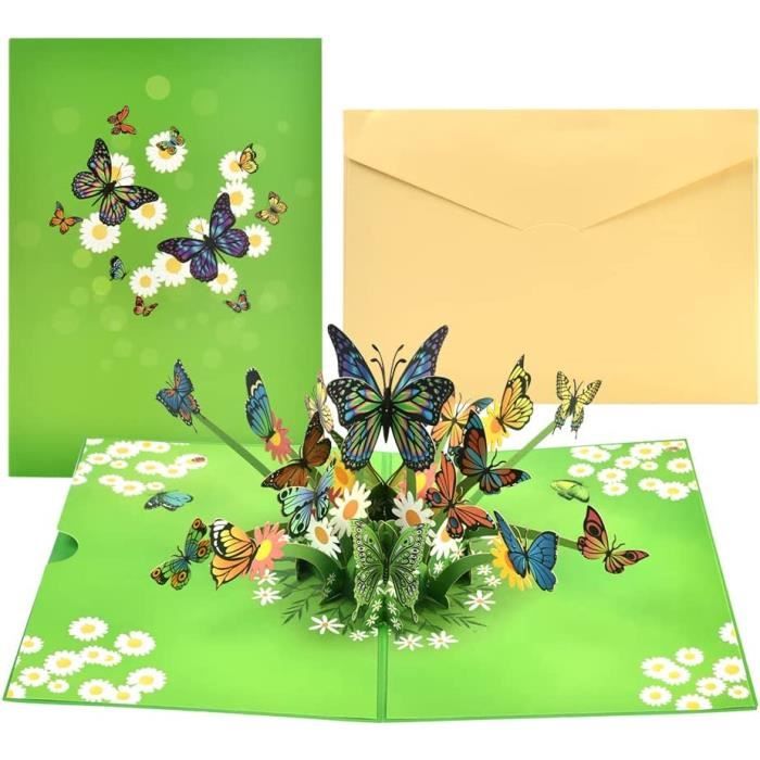 SCHYIDA 3D Pop Up Carte de Vœux Papillon Fleur, 14x19cm Carte Pop-Up  Papillon Coloré Carte de Vœux avec Enveloppe pour Fille, An260