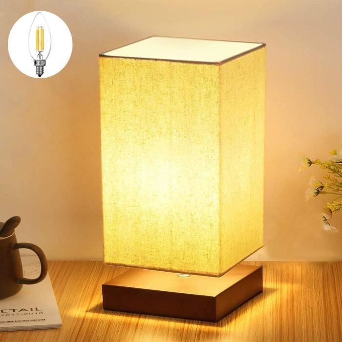 Lampe De Chevet EDISHINE - Abat-Jour Lin, Base Bois Chêne - Ampoule LED 4W Incluse - 34cm H