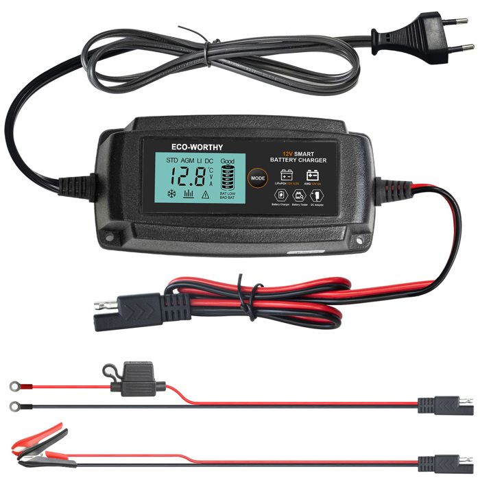 ECO-WORTHY Chargeur De Batterie LiFePO4 12V 20A Avec Fiche Anderson - Chargeur Lithium Pour Voiture, RV, Bateau