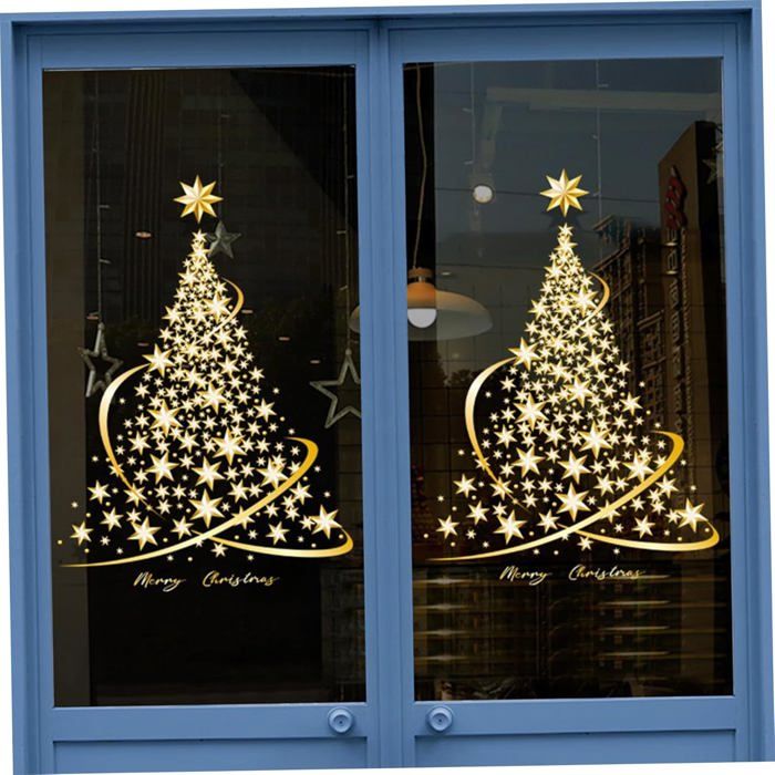 Autocollant Noël PVC Doré - Sapin 78,7x55,9 Cm Vitrine Magasin Murale