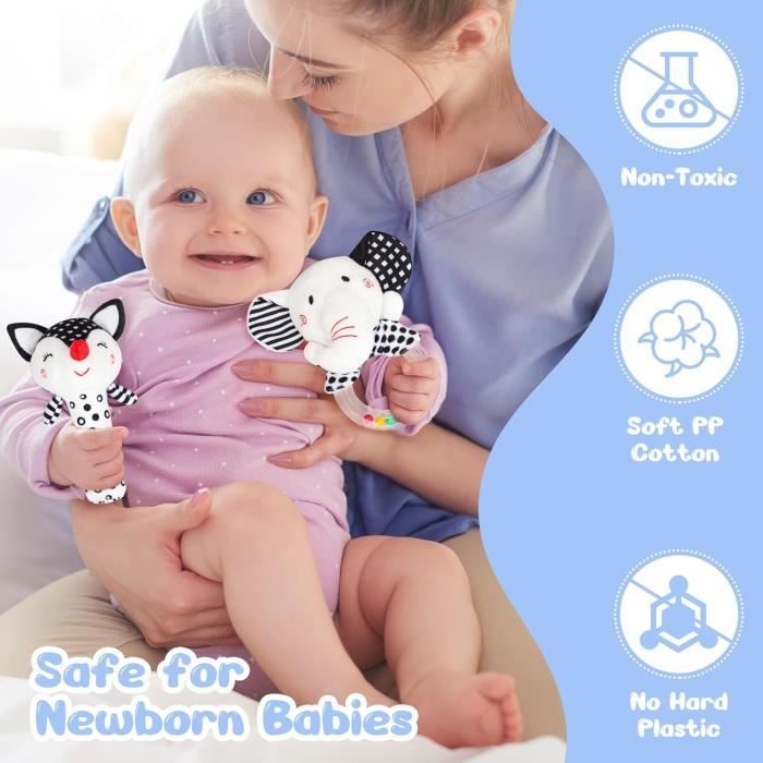 Hochet Bébé 0-12 Mois - Peluche Sensorielle Noir & Blanc - Éveil Motricité Et Vue - Cadeau Nouveau-Né Garçon/Fille