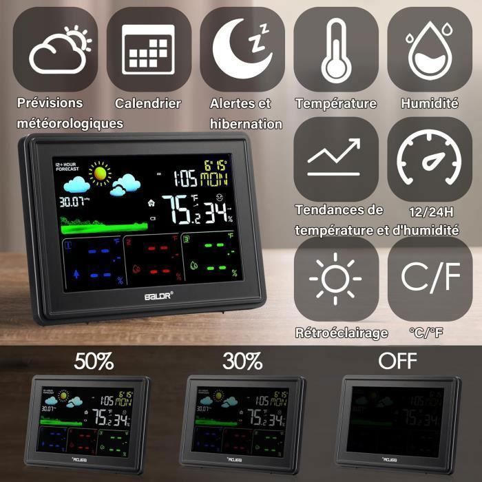 Station Météo Sans Fil Couleur Avec Capteur Extérieur | Thermomètre, Hygromètre, Prévisions, Réveil, Baromètre