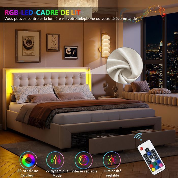 Lit 2 Personnes 140x190 cm avec 3 Tiroirs de Rangement, Lit Adulte avec LED et Ports USB Type-C, Sommier à Lattes, Velours, Beige - Maison