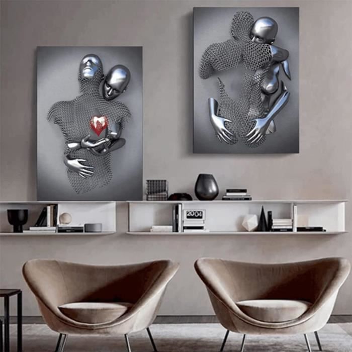 3d mur art affiche toile peinture métal figure statue amoureux coeur abstrait doré photos moderne pour salon décor50x70cm Sans - Maison 3d mur art affiche toile peinture métal figure statue amoureux coeur abstrait doré photos moderne pour salon décor50x70cm Sans - Maison