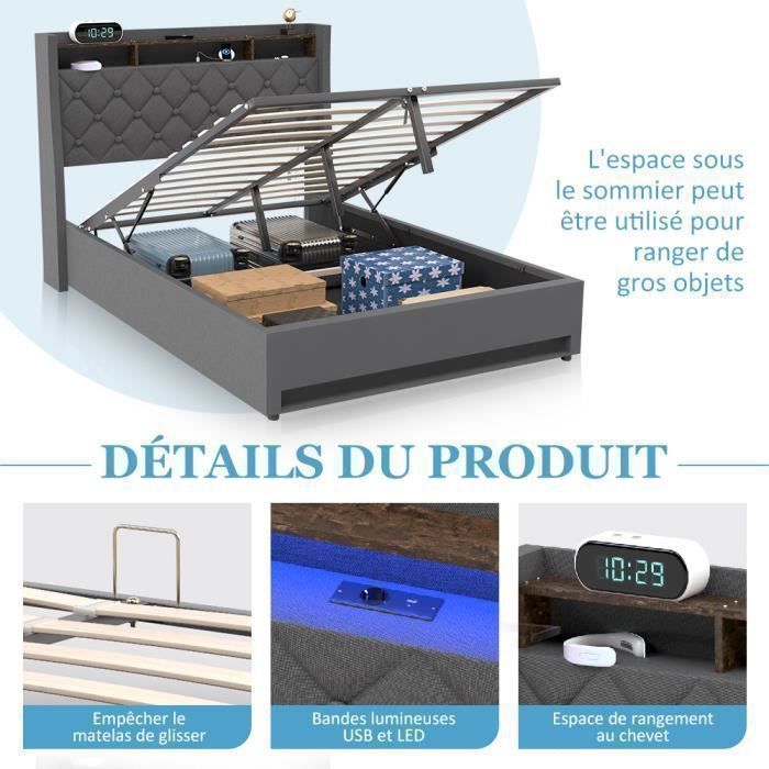Lit Double 140x190 Avec Rangement Et LED RGB - Tiroirs Et Coffre à Gaz - Ports USB - Tête De Lit Rembourrée - Noir - 4