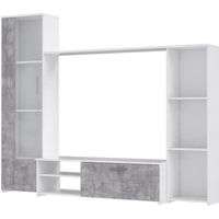 Meuble TV paroi murale - Blanc mat et béton clair - porte vitrée + 5 niches - Contemporain -  L 220,4 x P41,3 x H177,5 cm - PILVI