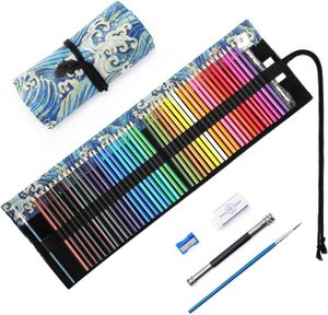 CRAYON DE COULEUR Vagues de mer 48PCS Crayons de Couleurs Aquarellables Professionnel avec Sac à Crayon de Toile Kit Idéal, 48 Trous Crayon