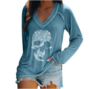 T-SHIRT Sasaquoy T-Shirt T-shirt à manches longues imprimé squelette et col en V pour femmes Bleu