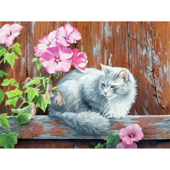 Diamond Painting Kit,Chat Et Fleur 5D DIY Diamant Painting Arts
