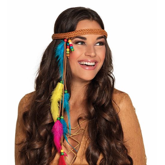 Bandeau de tête Hippie - Femme - Blanc - Perles et plumes colorées