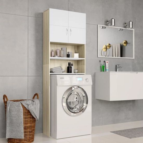 *4709 Meuble de machine à laver Contemporain Décor - Meuble Dessus Toilette Meuble WC Armoire de salle de bain Blanc et chêne sonoma