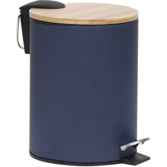 Poubelle design avec couvercle en bambou - Bleu/Bambou - Petit format - 2.5L - Salle de bain - WC - Cuisine - Bureau - Poubelle