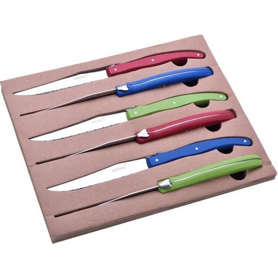 Coffret 6 Couteaux à steak - Manches en bois de Hêtre - Rouge, Bleu, Vert