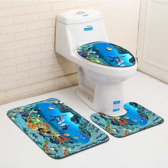 Lot Tapis De Bain Et Tapis WC - Monde Sous-marin, Imprimé Bleu - Neuf