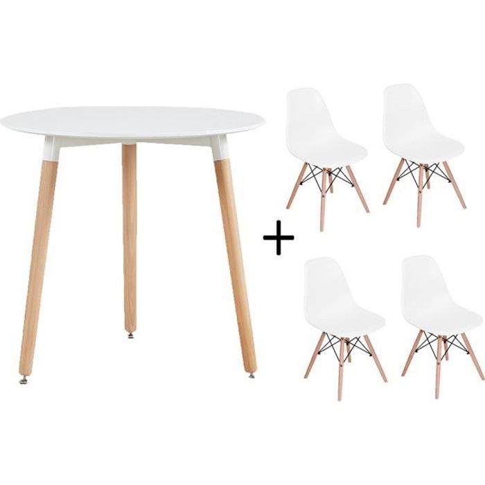 Dora Table +Lot de 4 Chaises à manger Scandinave pieds en bois hêtre massif -Blanc