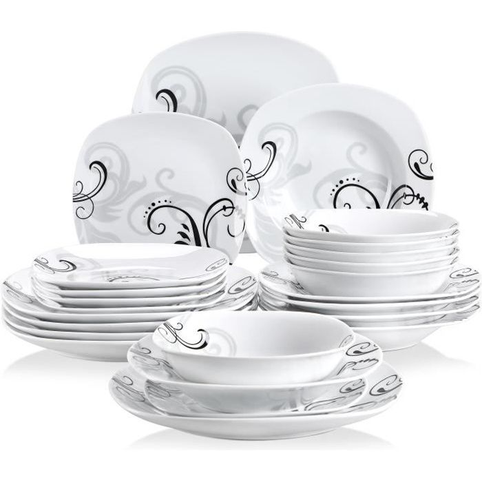Veweet ZOEY 24pcs Service de Table 6pcs 9.75- Assiette Plate, 8.5- Assiette Creuse, 7.5- Assiette à Dessert, 6.7- Bol Porcelaine